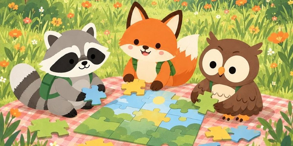 Riley the Raccoon, Ferris the Fox and Oliver the Owl putting together a jigsaw puzzle on a red checked picnic blanket in a flowery meadow.